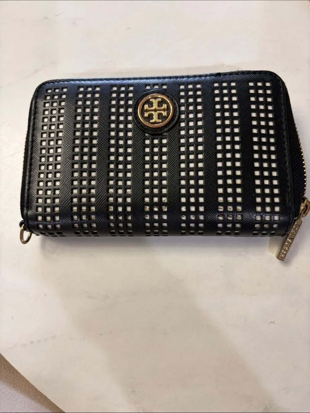 Tory Burch Black Perforated Zip Phone Wallet with Gold Logo